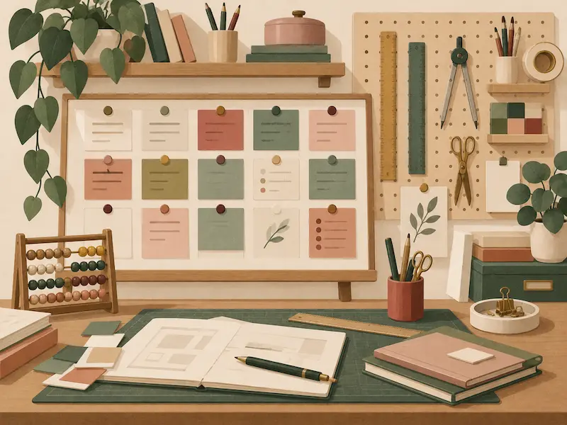 Illustration: Arbeitsplatz mit Planungstabelle, Taschenrechner und geometrischen Formen