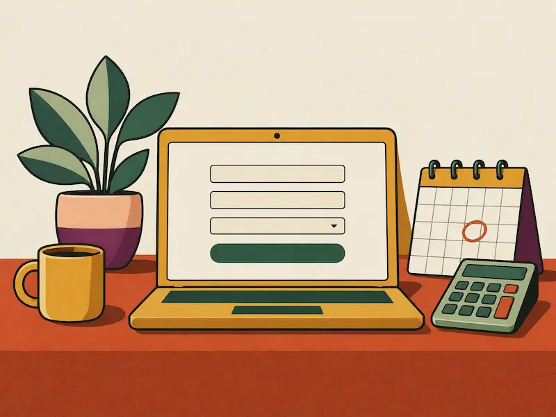 Illustration: Schreibtisch mit Anfrageformular, Kalender und Taschenrechner