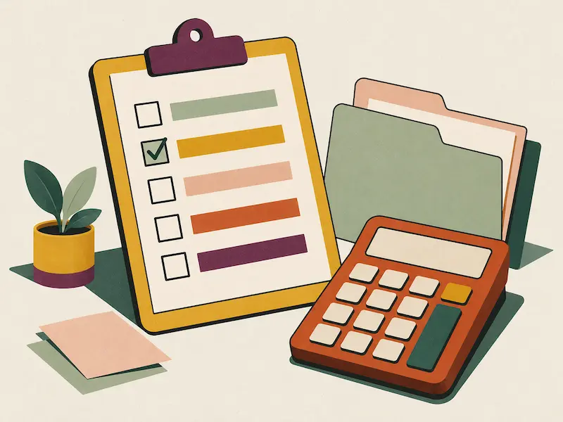 Illustration: Checkliste, Taschenrechner und Haushaltsunterlagen auf einem Schreibtisch