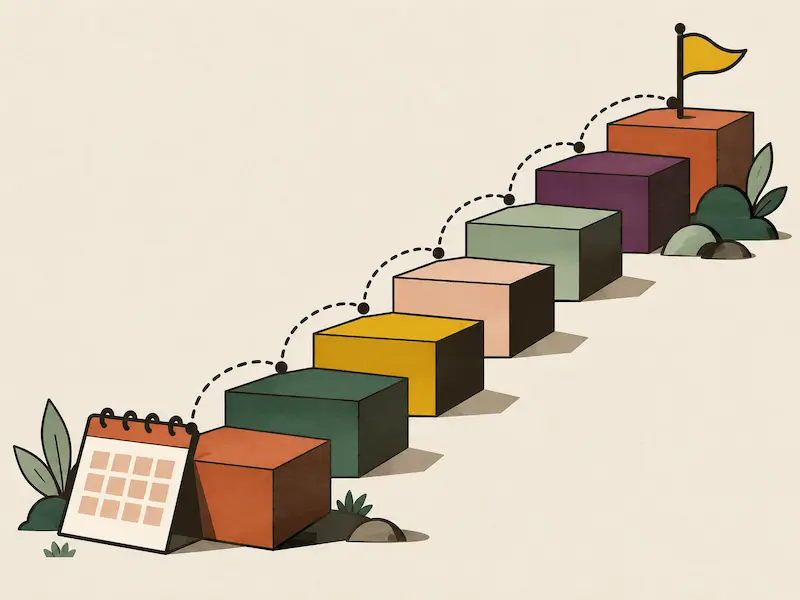 Illustration: Treppe aus geometrischen Stufen mit Zielfahne und Kalenderblatt