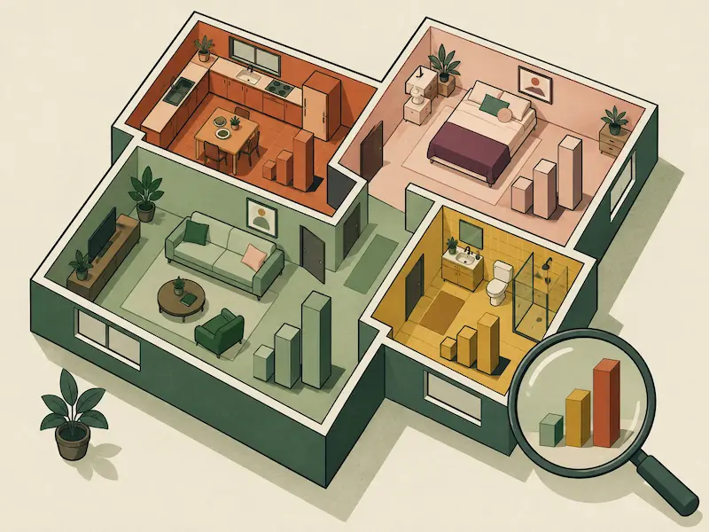 Illustration: Haushaltsgrundriss mit farbigen Ausgabenbereichen und Lupe